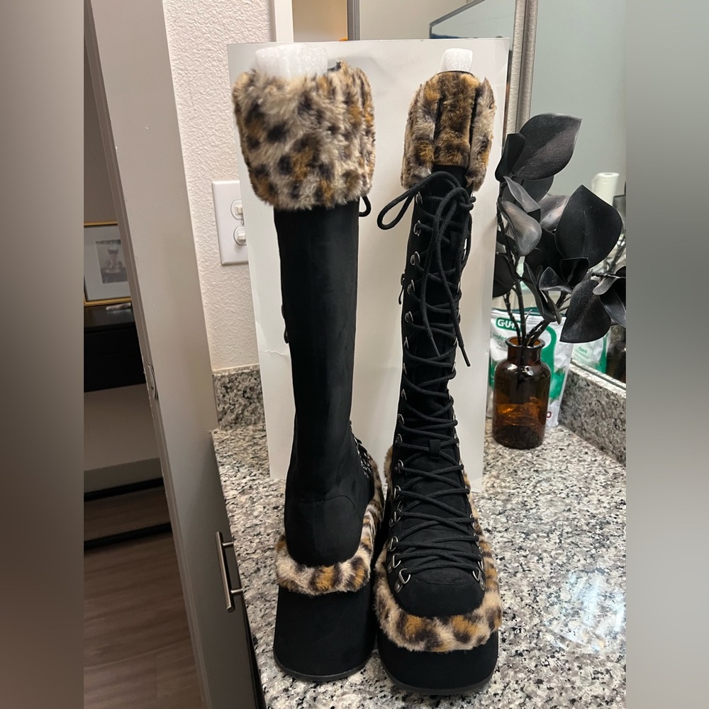 Dolls Kill Black Lace-Up Boots with Leopard Trim - Picture 3 of 4